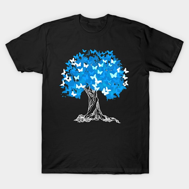 Tree With Blue Butterflies T-Shirt by Aliaksandr